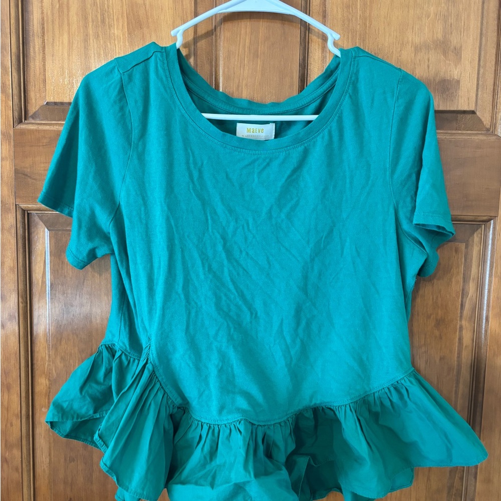 Maeve Teal Ruffle-Peplum Short Sleeve Top